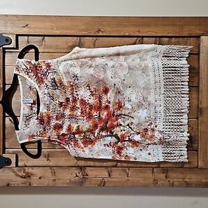 Miss Nikky Ivory Watercolor Floral Sparkly Sheer Fringed Tank Top Size L…